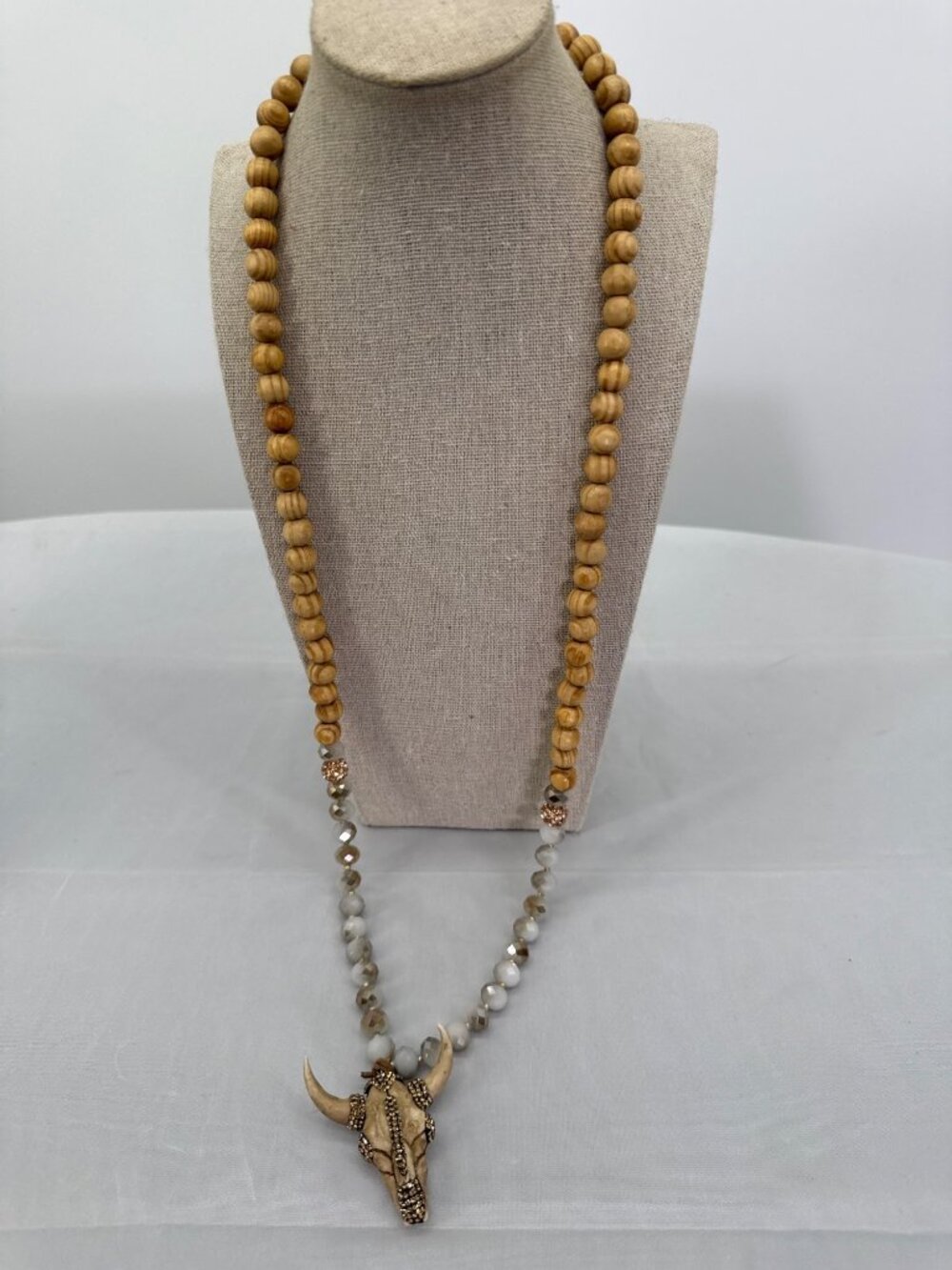 Glitz Longhorn Bull Skull Beaded Statement Necklace Western Boho Neutral Goblinc